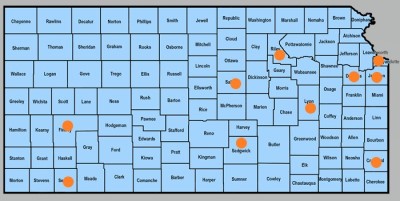 Map of Kansas counties with NIH grant counties highlighted
