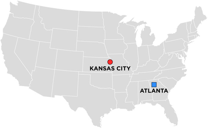 Map of the United States with ATLANTA and KANSAS CITY indicated.